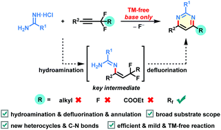 Graphical abstract: Transition-metal-free hydroamination/defluorination/cyclization of perfluoroalkyl alkynes with amidines