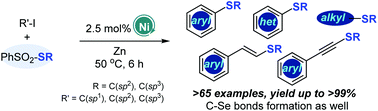 Graphical abstract: Construction of diverse C–S/C–Se bonds via nickel catalyzed reductive coupling employing thiosulfonates and a selenosulfonate under mild conditions