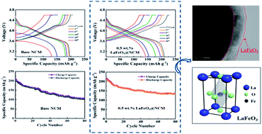 Graphical abstract: Surface modification of Ni-rich LiNi0.8Co0.1Mn0.1O2 with perovskite LaFeO3 for high voltage cathode materials