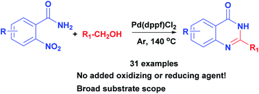 Graphical abstract: Palladium-catalyzed one-pot synthesis of 2-substituted quinazolin-4(3H)-ones from o-nitrobenzamide and alcohols