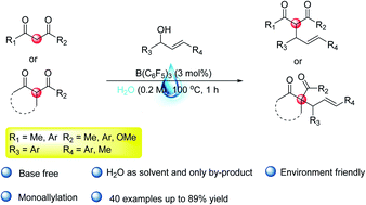Graphical abstract: Boron-catalyzed dehydrative allylation of 1,3-diketones and β-ketone esters with 1,3-diarylallyl alcohols in water