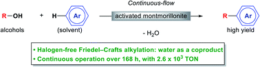 Graphical abstract: Development of highly efficient Friedel–Crafts alkylations with alcohols using heterogeneous catalysts under continuous-flow conditions