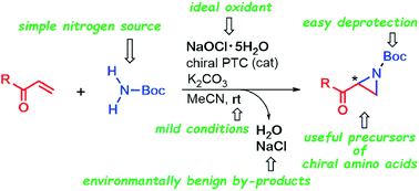 Graphical abstract: A practical method for the aziridination of α,β-unsaturated carbonyl compounds with a simple carbamate utilizing sodium hypochlorite pentahydrate