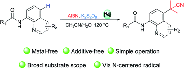 Graphical abstract: Metal-free site-selective C–H cyanoalkylation of 8-aminoquinoline and aniline-derived amides with azobisisobutyronitrile