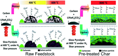 Graphical abstract: The interplay between ternary molten carbonate and biomaterials during pressurized slow pyrolysis