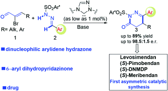 Graphical abstract: Carbene-catalyzed enantioselective annulation of dinucleophilic hydrazones and bromoenals for access to aryl-dihydropyridazinones and related drugs