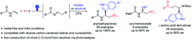 Graphical abstract: Metal-free, visible-light induced enantioselective three-component dicarbofunctionalization and oxytrifluoromethylation of enamines via chiral phosphoric acid catalysis