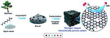 Graphical abstract: Efficient utilization of crude bio-oil: the synthesis of nitrogen-doped hierarchically porous carbon as electrocatalysts for the oxygen reduction reaction