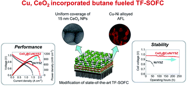 Graphical abstract: Achieving performance and longevity with butane-operated low-temperature solid oxide fuel cells using low-cost Cu and CeO2 catalysts