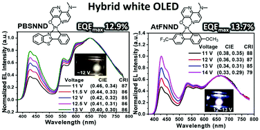 Graphical abstract: Solid-state near infrared emitting platinum(ii) complexes as either an ultrathin or singly doped phosphorescence emitting layer in hybrid white OLEDs exhibiting high efficiency and colour rendering index