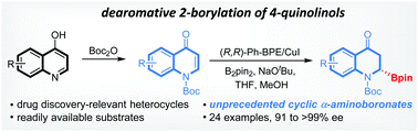 Graphical abstract: Enantioselective synthesis of cyclic α-aminoboronates via copper-catalyzed dearomative borylation of 4-quinolinols