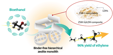 Graphical abstract: Binder-free hierarchical zeolite pellets and monoliths derived from ZSM-5@LDHs composites for bioethanol dehydration to ethylene