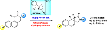 Graphical abstract: Highly enantioselective synthesis of norcaradiene derivatives from naphthyl diazoacetamides using a Ru(ii)-Pheox complex