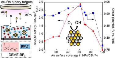 Graphical abstract: Composition control of alloy nanoparticles consisting of bulk-immiscible Au and Rh metals via an ionic liquid/metal sputtering technique for improving their electrocatalytic activity