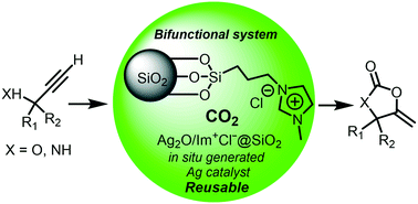 Graphical abstract: A heterogeneous bifunctional silica-supported Ag2O/Im+Cl− catalyst for efficient CO2 conversion