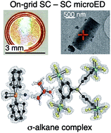 Graphical abstract: MicroED characterization of a robust cationic σ-alkane complex stabilized by the [B(3,5-(SF5)2C6H3)4]− anion, via on-grid solid/gas single-crystal to single-crystal reactivity