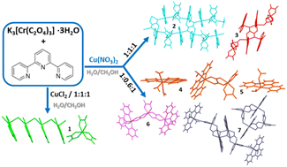 Graphical abstract: Oxalate-based [CuIICrIII] coordination compounds affected by the tridentate ligand, simple anion, and reactant ratio: structural and magnetic features
