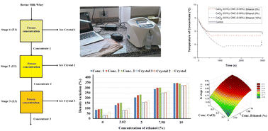Graphical abstract: Effects of mixtures of ethanol–calcium chloride–carboxymethylcellulose on the bovine milk whey freeze concentration process
