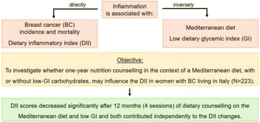 Graphical abstract: One-year nutrition counselling in the context of a Mediterranean diet reduced the dietary inflammatory index in women with breast cancer: a role for the dietary glycemic index