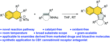 Graphical abstract: Catalyst-free and oxidant-free tandem aza-Mannich/cyclization/aromatization of C,N-cyclic azomethine imines with enamides: facile synthesis of 5,6-dihydropyrazolo[5,1-a]isoquinolines
