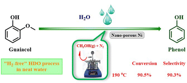 Graphical abstract: Hydrodeoxygenation of guaiacol to phenol using endogenous hydrogen induced by chemo-splitting of water over a versatile nano-porous Ni catalyst