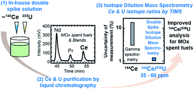 Graphical abstract: Determination of the 144Ce/238U atomic ratio in spent nuclear fuel using double spike isotope dilution mass spectrometry