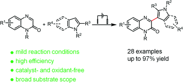 Graphical abstract: Efficient one-step synthesis of 3-(indol-2-yl)quinoxalin-2(1H)-ones via electrochemical oxidative cross-dehydrogenative coupling
