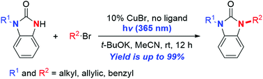 Graphical abstract: Synthesis of unsymmetrical 1,3-substituted-1,3-dihydro-benzimidazolones via copper-catalyzed C–N coupling under visible light