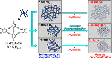Graphical abstract: Symmetry and spacing controls in periodic covalent functionalization of graphite surfaces templated by self-assembled molecular networks