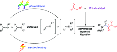 Graphical abstract: Asymmetric oxidative Mannich reactions promoted by photocatalysis and electrochemistry