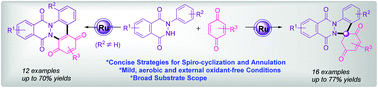 Graphical abstract: Ruthenium-catalyzed (spiro)annulation of N-aryl-2,3-dihydrophthalazine-1,4-diones with quinones to access pentacyclic spiro-indazolones and fused-cinnolines