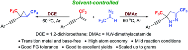 Graphical abstract: Solvent-controlled base-free synthesis of bis(trifluoromethyl)-cyclopropanes and -pyrazolines via cycloaddition of 2-trifluoromethyl-1,3-enynes with 2,2,2-trifluorodiazoethane