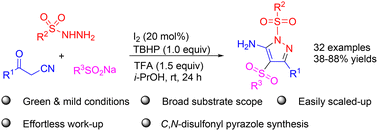 Graphical abstract: Facile construction of C,N-disulfonated 5-amino pyrazoles through an iodine-catalyzed cascade reaction