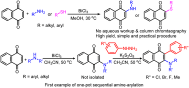 Graphical abstract: BiCl3 catalyzed synthesis of 2-amino-1,4-naphthoquinones and 1,4-naphthoquinon-2-sulfides and one-pot sequential amine-arylation of 1,4-naphthoquinone