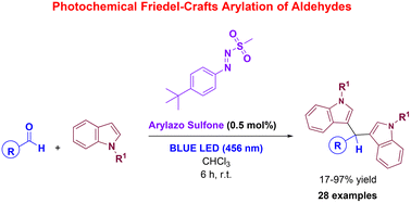 Graphical abstract: Friedel–Crafts arylation of aldehydes with indoles utilizing arylazo sulfones as the photoacid generator