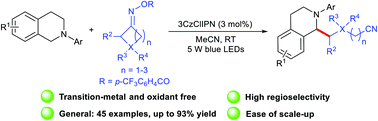 Graphical abstract: Visible-light-driven photoredox-catalyzed C(sp3)–C(sp3) cross-coupling of N-arylamines with cycloketone oxime esters