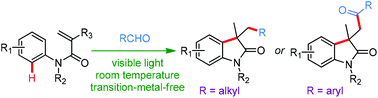 Graphical abstract: Visible light-mediated radical-cascade addition/cyclization of arylacrylamides with aldehydes to form quaternary oxindoles at room temperature