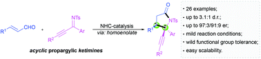 Graphical abstract: An N-heterocyclic carbene-catalyzed enantioselective [3 + 2] annulation of enals with propargylic imines: access to γ,γ-disubstituted pyrrolidin-2-ones bearing quaternary stereogenic centers