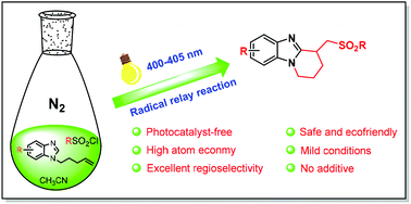 Graphical abstract: Photocatalyst-, metal- and additive-free regioselective radical cascade sulfonylation/cyclization of benzimidazole derivatives with sulfonyl chlorides induced by visible light