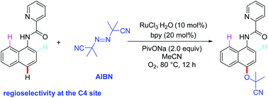 Graphical abstract: Ru(iii)-catalyzed C4–H bond cyanoalkoxylation of 1-naphthylamine derivatives with azobisisobutyronitrile