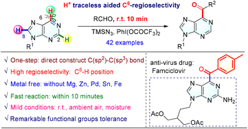 Graphical abstract: Traceless proton aided regioselective C(sp2)–C(sp2) construction to synthesize C6-acylated purines and purine nucleosides without metal catalysts