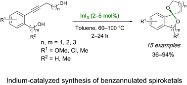 Graphical abstract: Indium-catalyzed synthesis of benzannulated spiroketals by intramolecular double hydroalkoxylation of ortho-(hydroxyalkynyl)benzyl alcohols