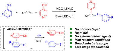 Graphical abstract: Photocatalyst-free, metal-free, visible light-induced thiolation/pyridylation of styrenes using an electron donor–acceptor complex as a bifunctional reagent