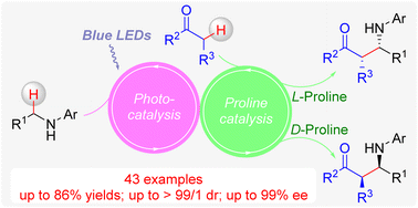 Graphical abstract: Cooperative photocatalysis and l-/d-proline catalysis enables enantioselective oxidative cross-dehydrogenative coupling of acyclic benzylic secondary amines with ketones