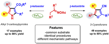 Graphical abstract: Divergent copper-catalyzed syntheses of 3-carboxylpyrroles and 3-cyanofurans from O-acetyl oximes and β-ketoesters/nitriles