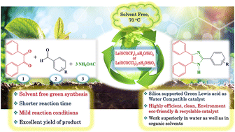 Graphical abstract: Silica supported lanthanum trifluoroacetate and trichloroacetate as an efficient and reusable water compatible Lewis acid catalyst for synthesis of 2,4,5-triarylimidazoles via a solvent-free green approach