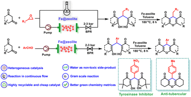 Graphical abstract: Continuous-flow Fe-zeolite-catalyzed temperature-directed synthesis of bioactive tetraketones and xanthenes using epoxides and cyclic-1,3-diketones via a Meinwald rearrangement