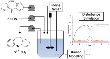 Graphical abstract: Development of a continuous synthesis process for carbamazepine using validated in-line Raman spectroscopy and kinetic modelling for disturbance simulation