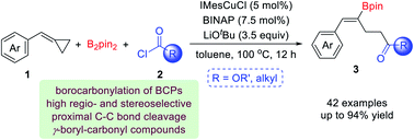 Graphical abstract: Copper catalyzed borocarbonylation of benzylidenecyclopropanes through selective proximal C–C bond cleavage: synthesis of γ-boryl-γ,δ-unsaturated carbonyl compounds