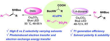 Graphical abstract: Mechanistic dichotomy in the solvent dependent access to E vs. Z-allylic amines via decarboxylative vinylation of amino acids